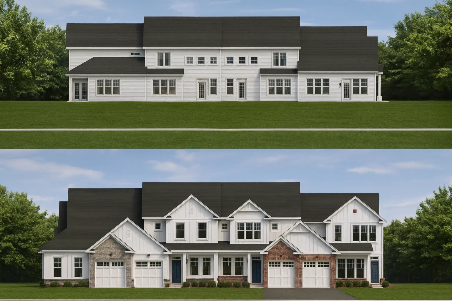 Front elevation of a Modern Farmhouse townhome featuring board and batten siding, horizontal lap siding, brick accents, stone detailing, and gabled rooflines