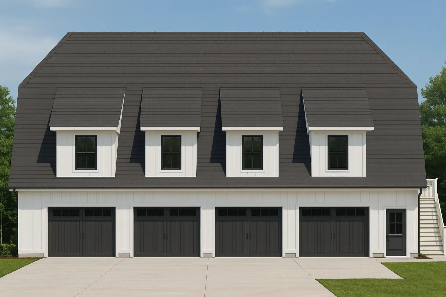 Front elevation of a Modern Farmhouse carriage house garage apartment featuring board and batten siding, four dormers, and a symmetrical 4-bay garage layout
