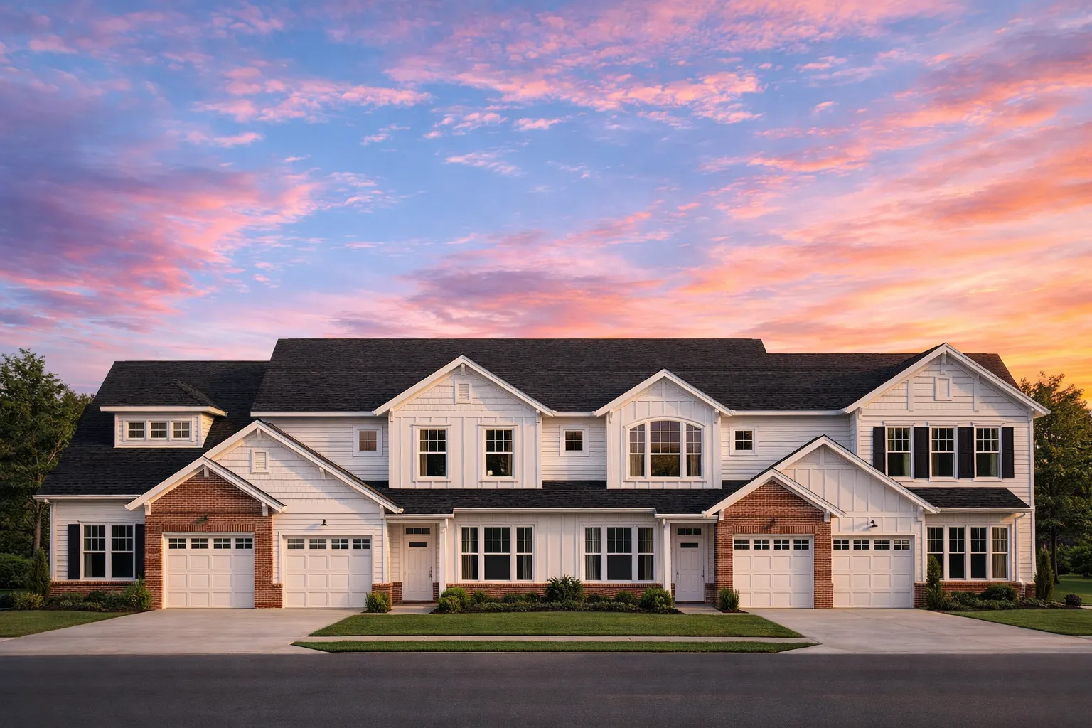 Front elevation of a large Traditional Colonial home with stone, lap siding, board and batten gables, and three-car garage