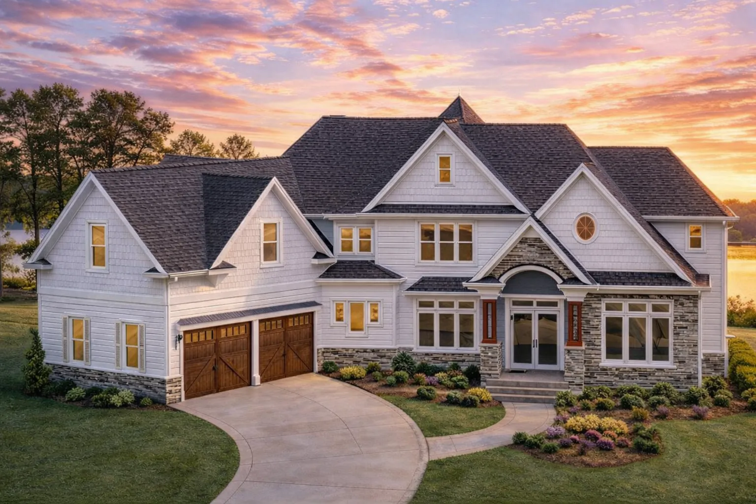 Front exterior view of a New American Coastal Traditional style home with shingle siding, board-and-batten accents, stone detailing, and symmetrical gabled rooflines