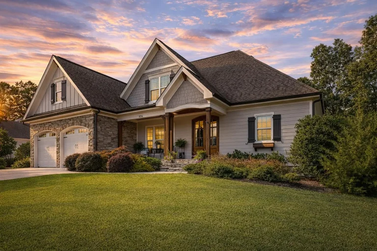 Front exterior of a New American Modern Traditional home featuring brick facade, gabled rooflines, Craftsman detailing, and a welcoming covered entry