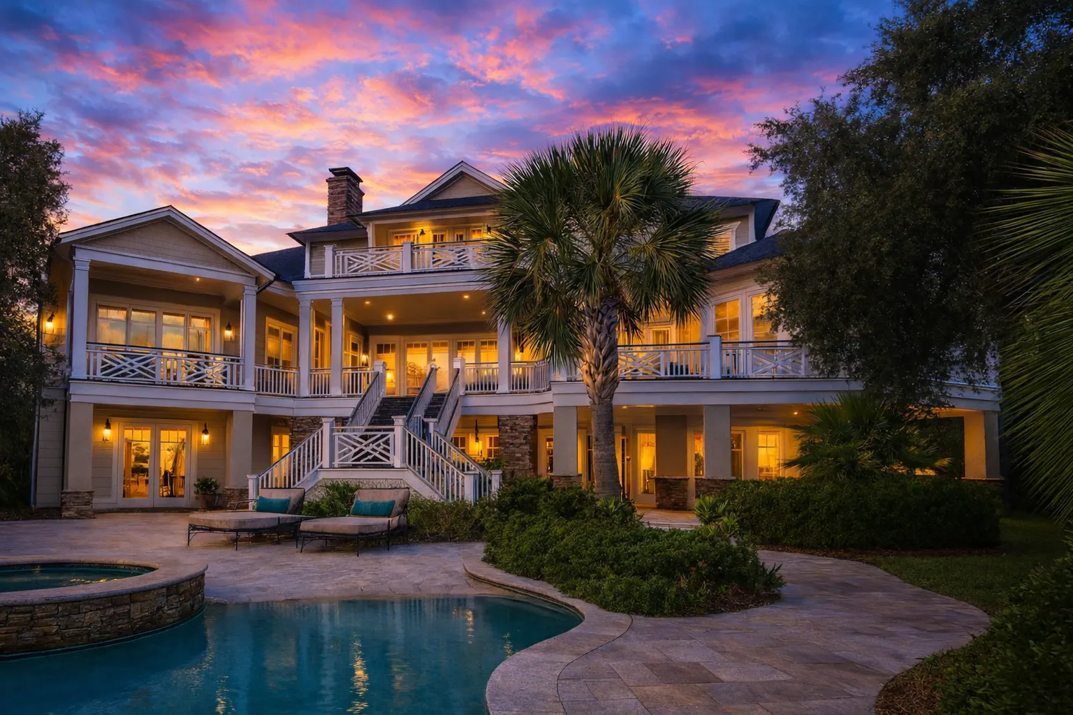 Luxury Coastal Low Country style home featuring shingle exterior, expansive porches, balconies, and a resort-style pool setting