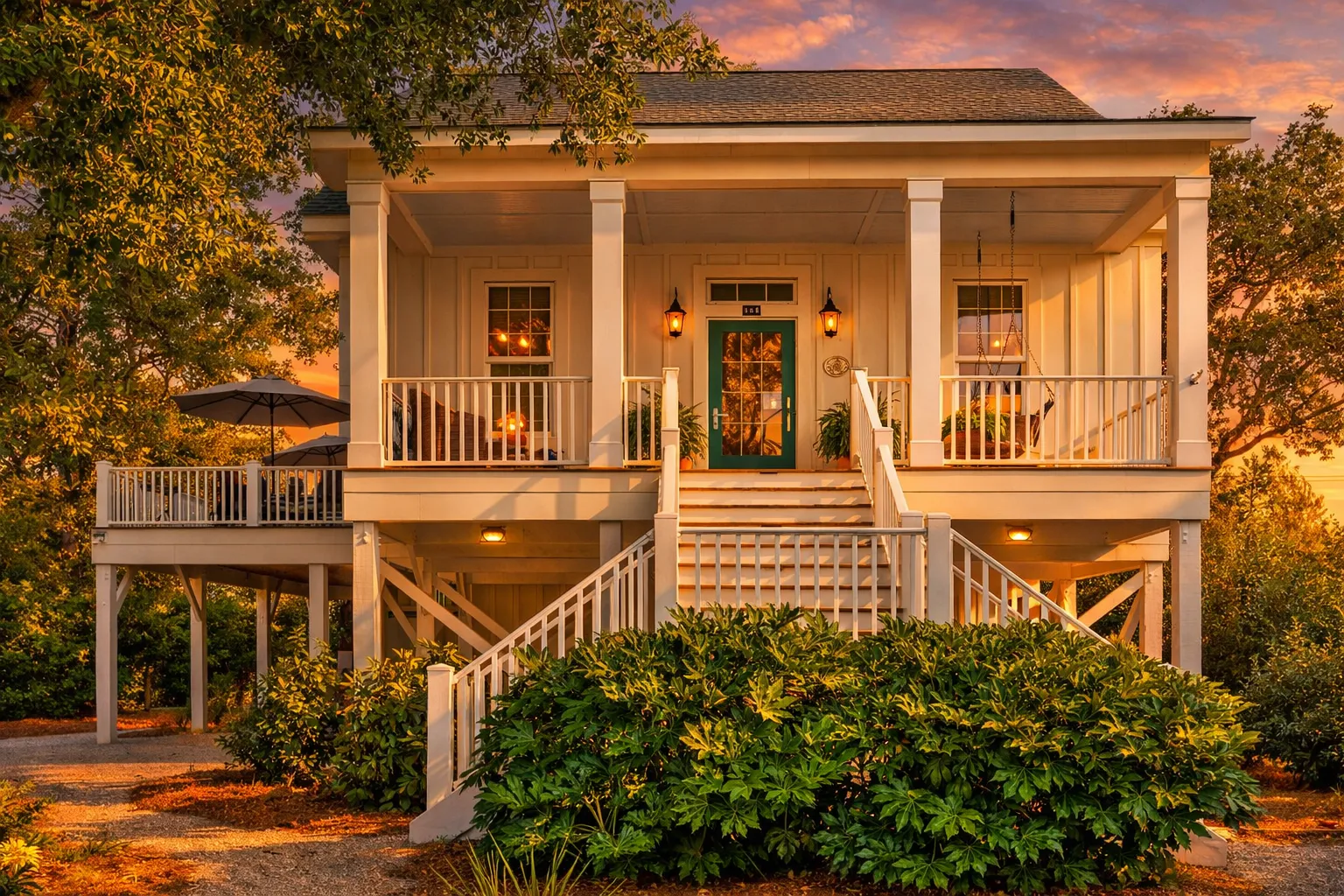 Front elevation of a Southern Low Country coastal style home with raised foundation, horizontal siding, covered front porch, and symmetrical façade