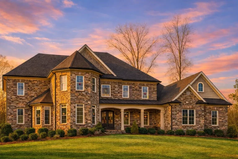 Front elevation of a Traditional Colonial style home with full brick exterior, symmetrical design, tall windows, and covered entry porch