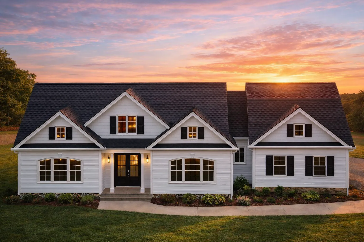 Front elevation of a Cape Cod style home with horizontal siding, shingle accents, symmetrical windows, and a traditional pitched roof