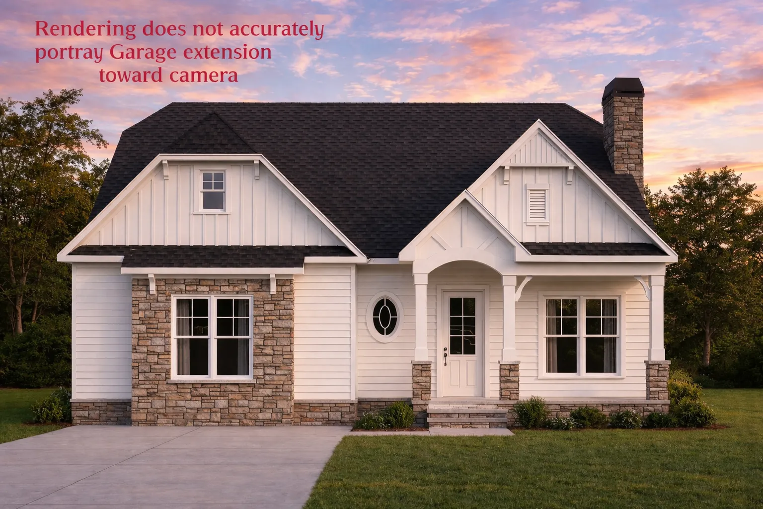 Front view of a Modern Farmhouse Cottage with board and batten siding, stone accents, gabled rooflines, and warm evening lighting