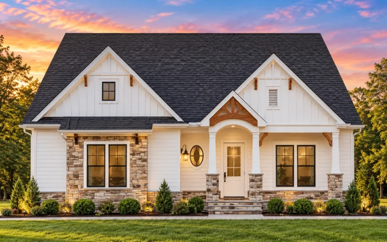 Modern Farmhouse House Plans 2 Front view of a Modern Farmhouse Cottage with board and batten siding, stone accents, gabled rooflines, and warm evening lighting