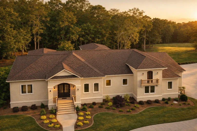 Front elevation of a Traditional Ranch style home with painted brick exterior, stone accents, low-pitched rooflines, and symmetrical New American detailing