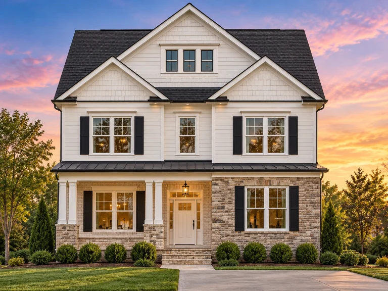 Front elevation of a New American Modern Traditional house with lap siding, stone accents, symmetrical windows, and a covered entry porch