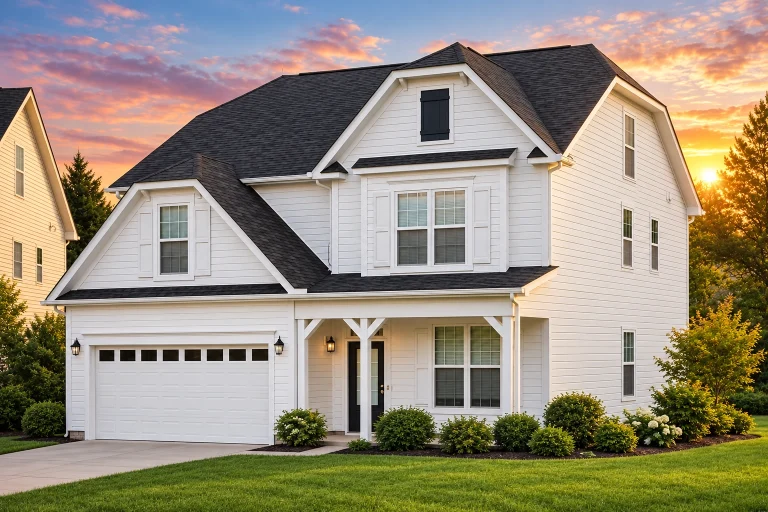 Front elevation of a New American modern traditional house with white siding, covered front porch, and two-car garage