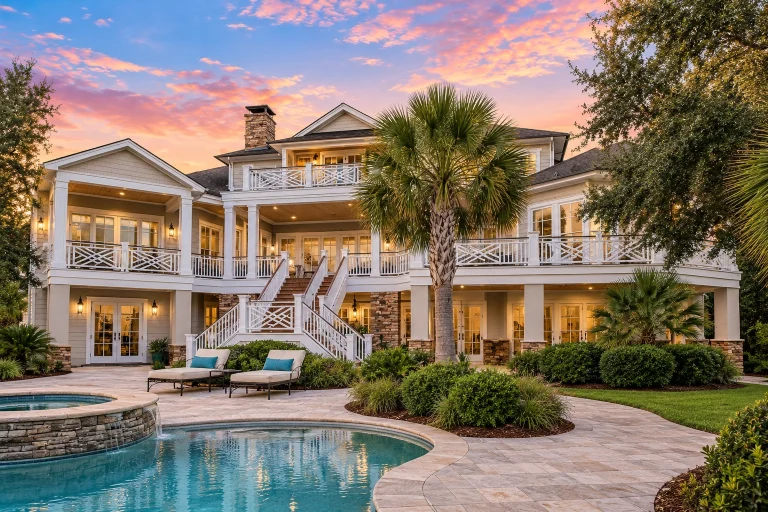 Luxury Coastal Low Country style home featuring shingle exterior, expansive porches, balconies, and a resort-style pool setting