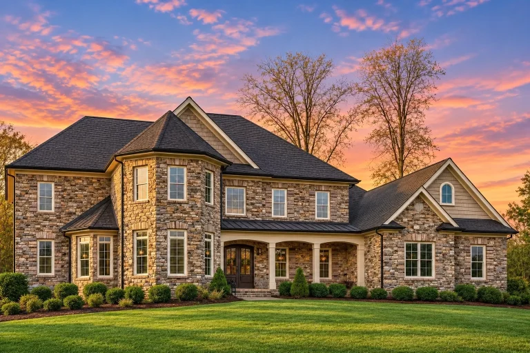 Front elevation of a Traditional Colonial style home with full brick exterior, symmetrical design, tall windows, and covered entry porch