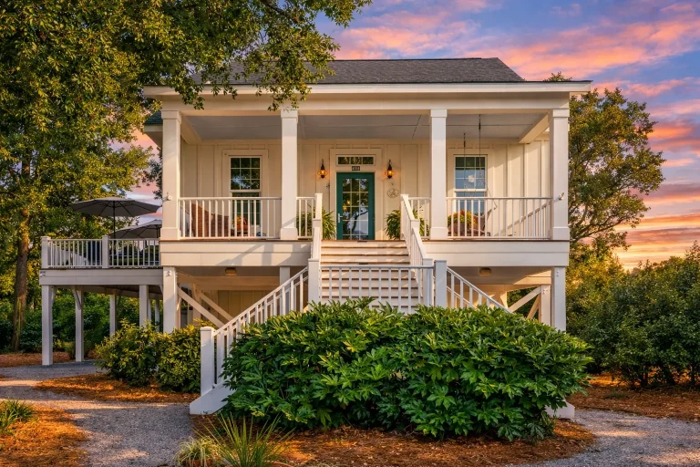 Front elevation of a Southern Low Country coastal style home with raised foundation, horizontal siding, covered front porch, and symmetrical façade