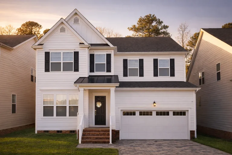 House Plans 11 Front elevation of a New American Modern Traditional two-story house with white horizontal siding, black shutters, and attached two-car garage