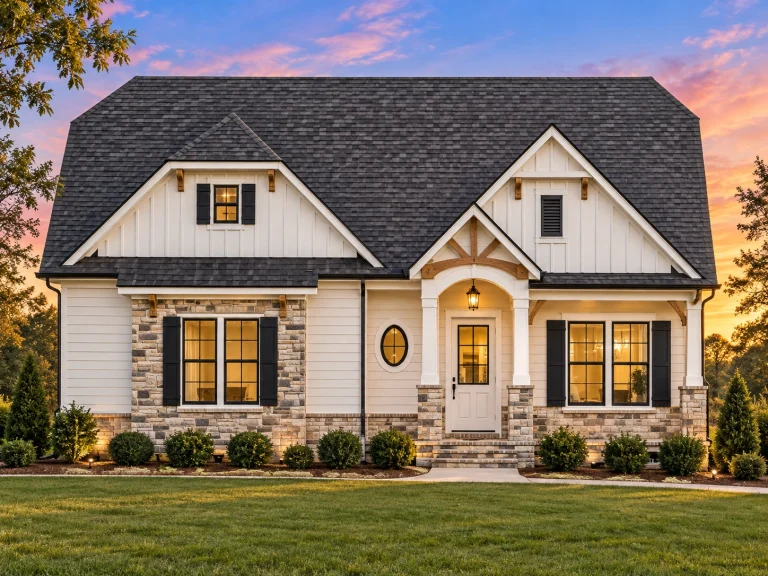Front view of a Modern Farmhouse Cottage with board and batten siding, stone accents, gabled rooflines, and warm evening lighting