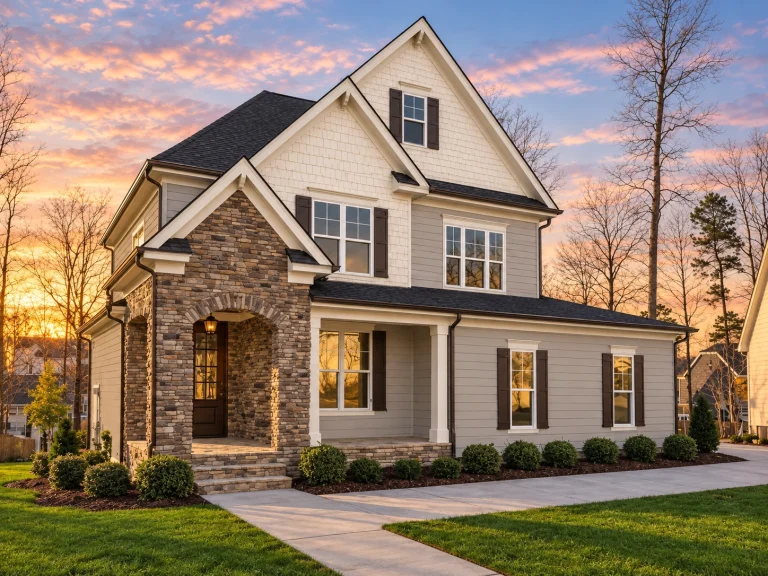 Front elevation of a New American style home with horizontal siding, stone porch entry, black shutters, and steep gabled roofline