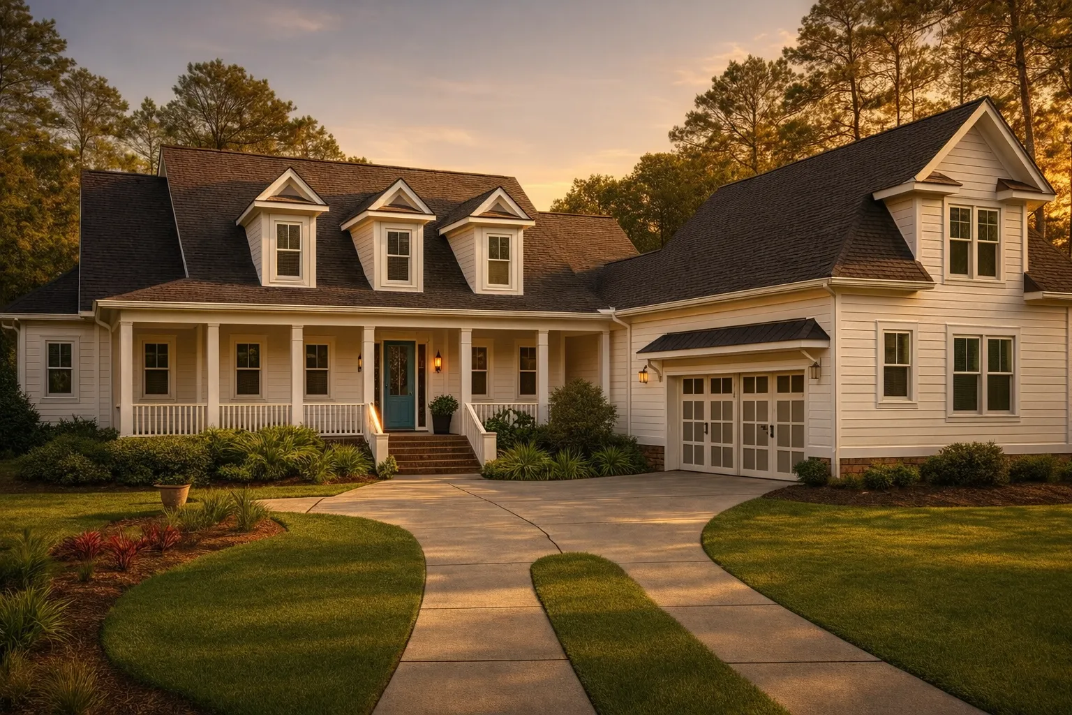Front exterior of a Southern Farmhouse style home with Low Country architecture, horizontal siding, wraparound porch, dormer windows, and side-entry garage