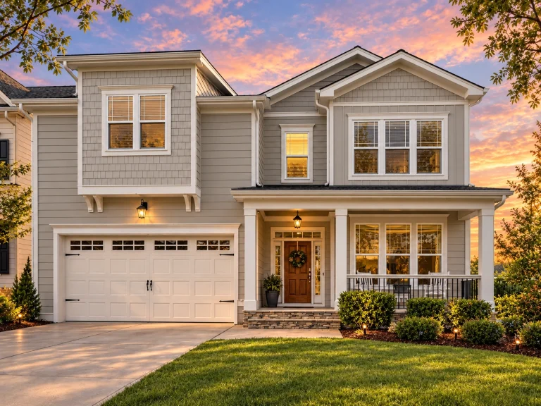 Front elevation of traditional suburban house with white horizontal siding, gabled rooflines, red front door, and covered porch