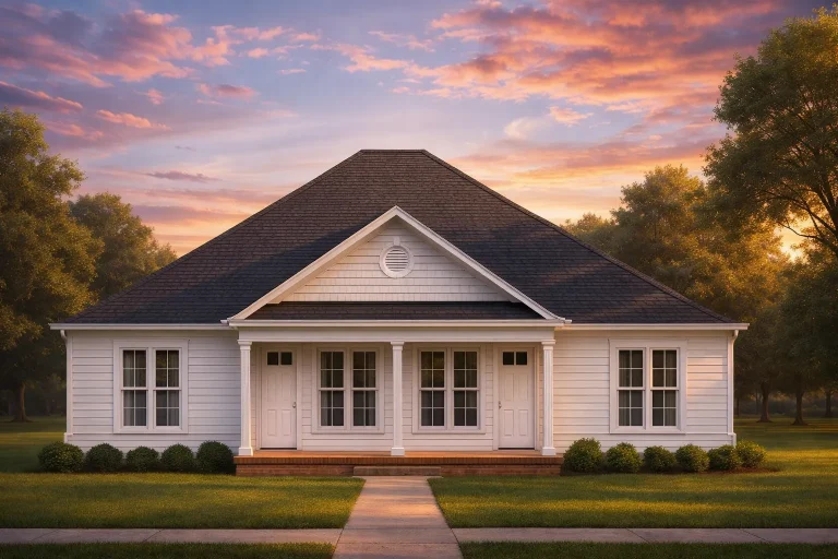 Front elevation of Traditional Ranch style home with white horizontal lap siding, symmetrical windows, and a covered entry porch