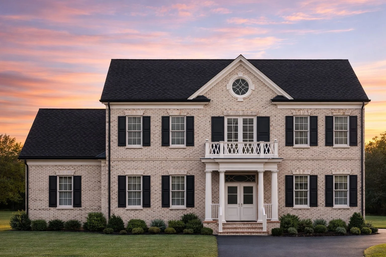 Front elevation of a Traditional Georgian Colonial style home featuring full brick exterior, symmetrical windows, black shutters, and centered columned entry