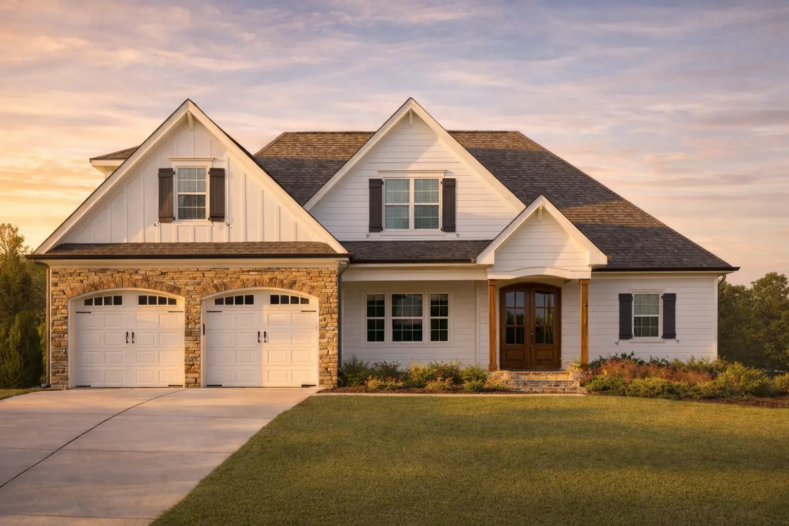 Front exterior of a New American Modern Traditional home featuring brick facade, gabled rooflines, Craftsman detailing, and a welcoming covered entry