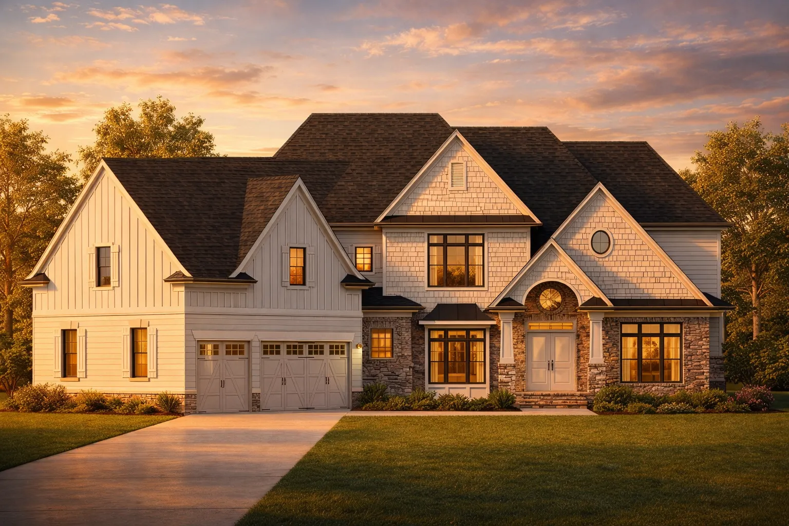 Front exterior view of a New American Coastal Traditional style home with shingle siding, board-and-batten accents, stone detailing, and symmetrical gabled rooflines