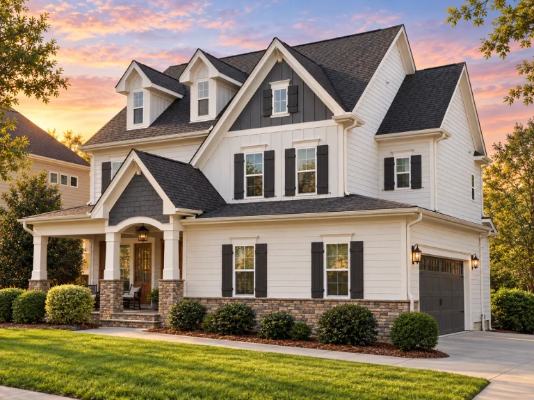 Front elevation of a New American Traditional style home featuring board and batten siding, horizontal lap siding, stone foundation, and classic shutters