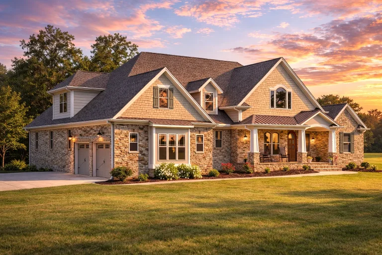 Front elevation of a New American style home with brick exterior, horizontal siding, gabled rooflines, and a covered front porch