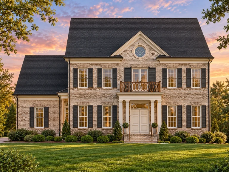 Front elevation of a Traditional Georgian Colonial style home featuring full brick exterior, symmetrical windows, black shutters, and centered columned entry