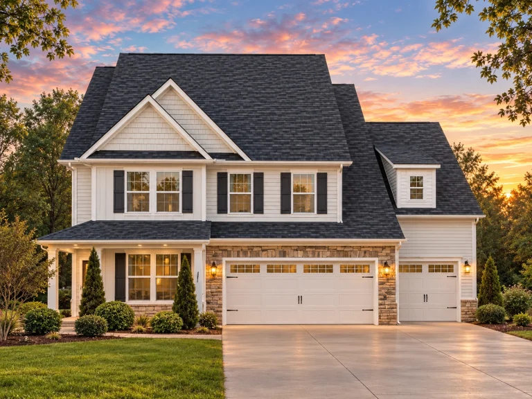 Front elevation of a Traditional Colonial style home with gray horizontal siding, white trim, symmetrical windows, and a double front-entry garage