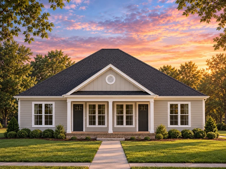 Front elevation of Traditional Ranch style home with white horizontal lap siding, symmetrical windows, and a covered entry porch
