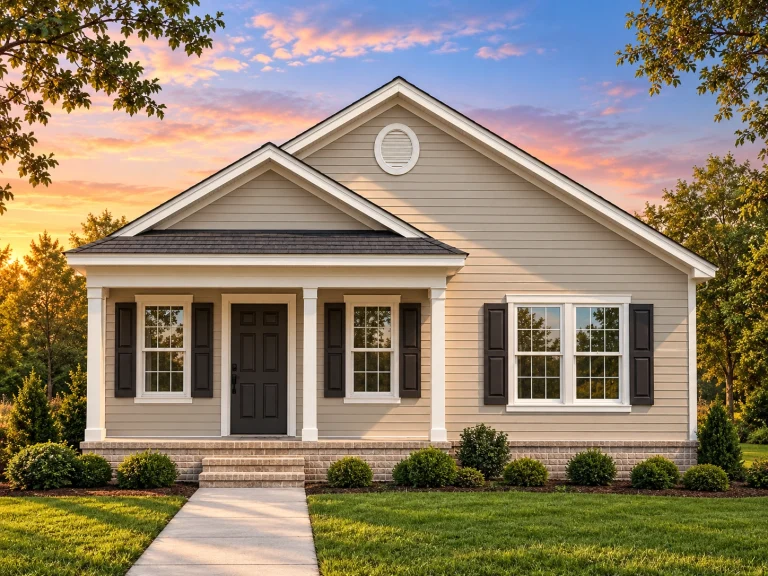 Front view of a Traditional Suburban Ranch style home featuring vinyl siding, stone skirting, shuttered windows, and a covered porch
