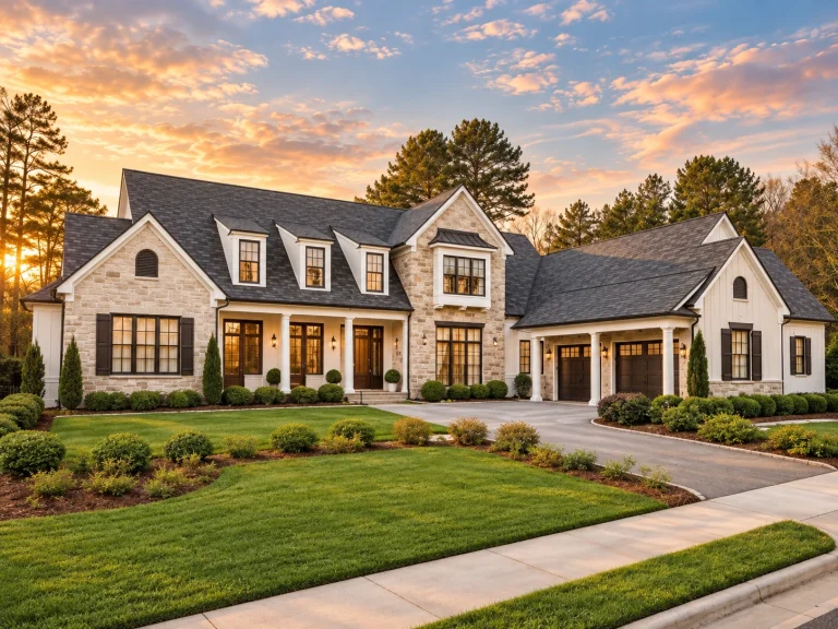 Front exterior view of a New American style home with stone façade, board-and-batten accents, and standing seam metal roof