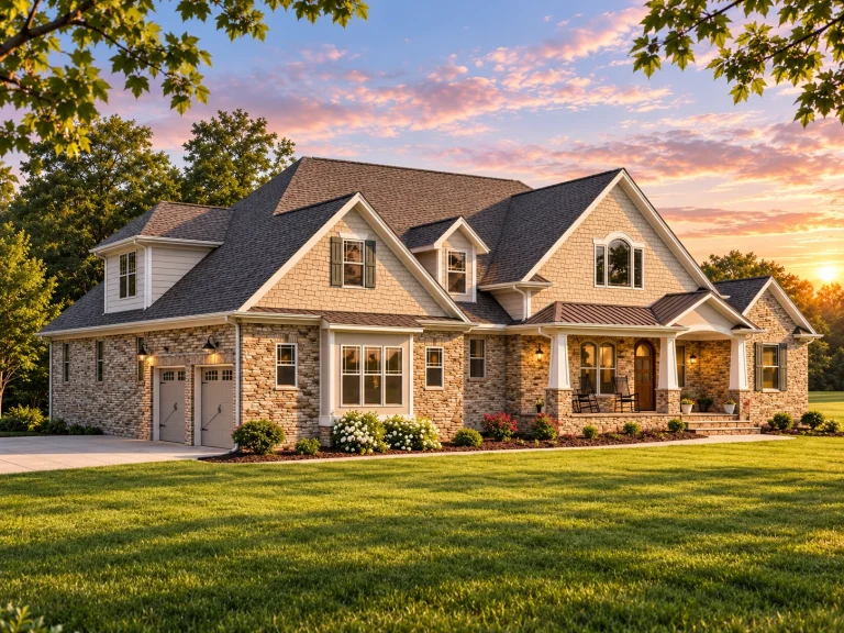 Top Designer-Approved House Plans 22 Front elevation of a New American style home with brick exterior, horizontal siding, gabled rooflines, and a covered front porch