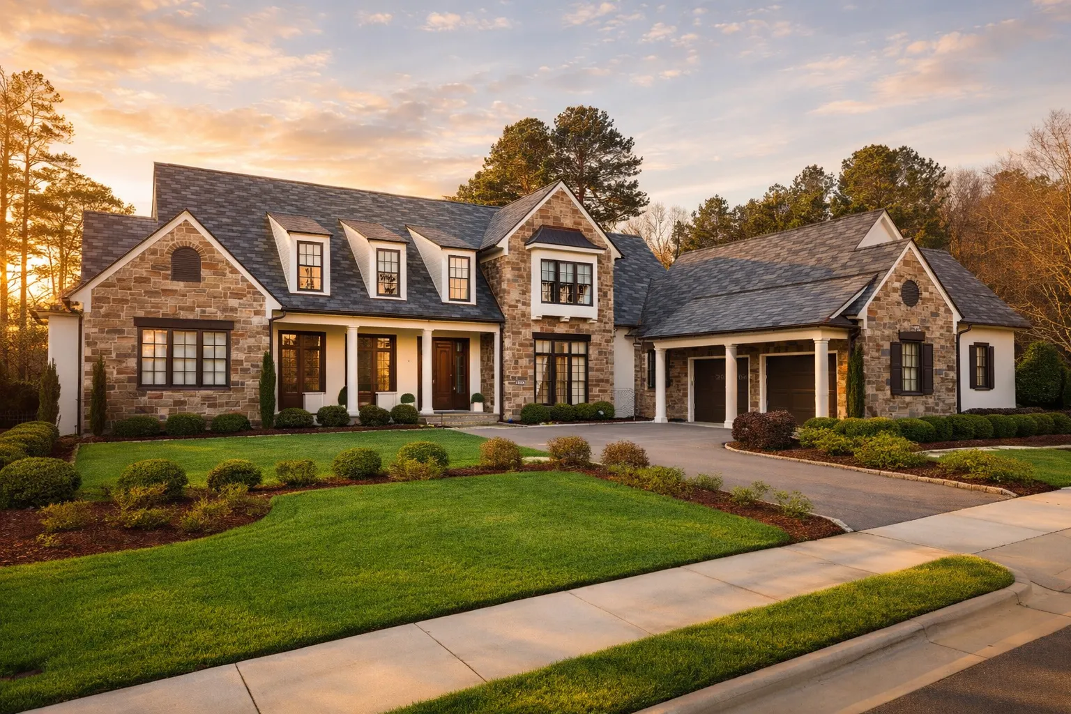 Front exterior view of a New American style home with stone façade, board-and-batten accents, and standing seam metal roof