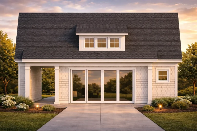 Front elevation of a modern cottage style home featuring horizontal siding, stone accents, large glass doors, and warm illuminated windows