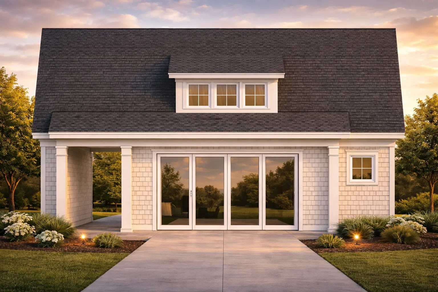 Front elevation of a modern cottage style home featuring horizontal siding, stone accents, large glass doors, and warm illuminated windows