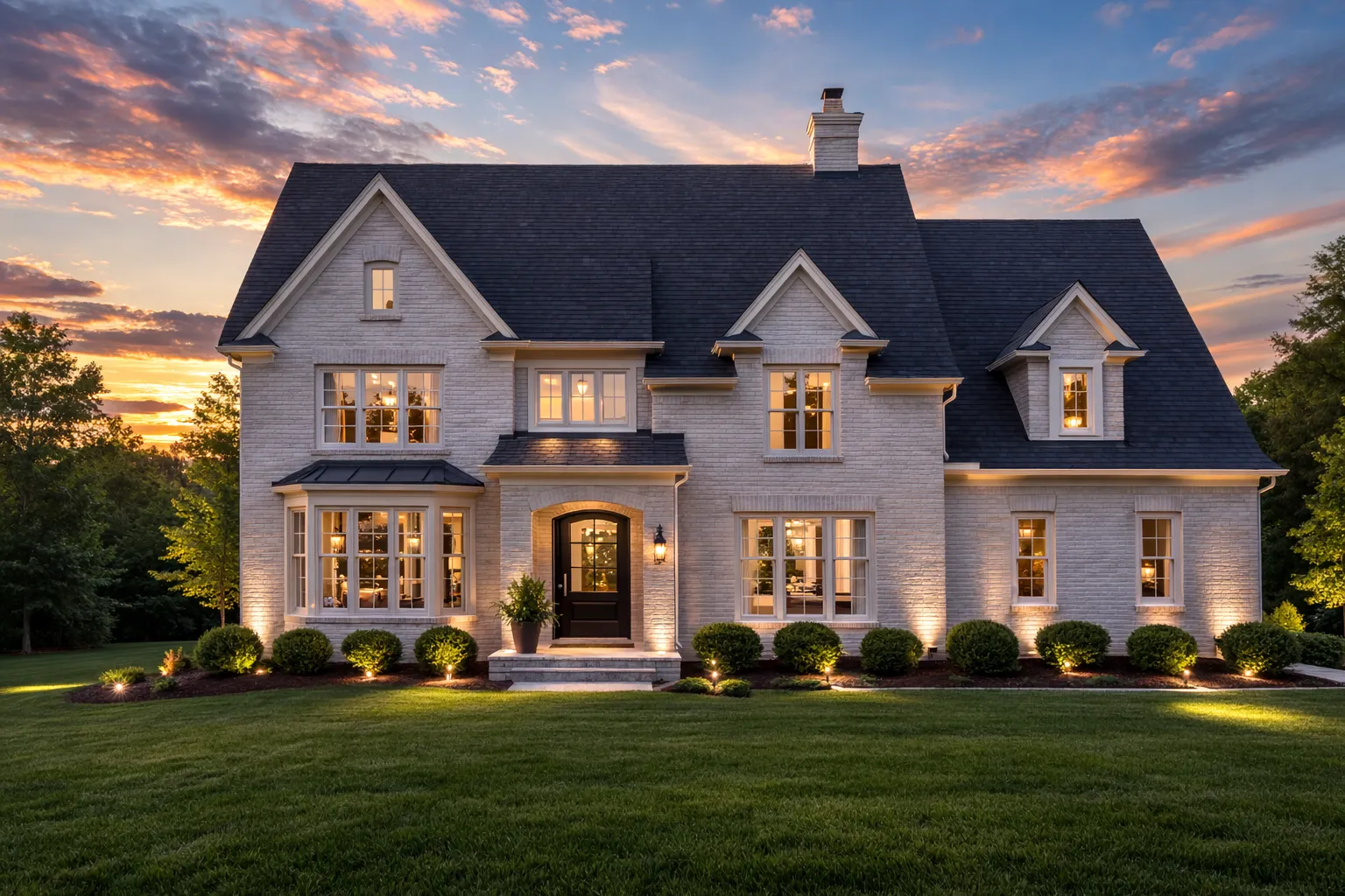 Front elevation of a Traditional Colonial style home with painted brick exterior, steep gabled roof, symmetrical windows, and arched front entry