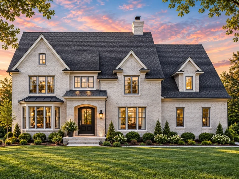 Front elevation of a Traditional Colonial style home with painted brick exterior, steep gabled roof, symmetrical windows, and arched front entry