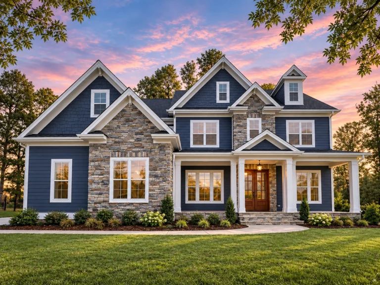 Modern Suburban House Plans 18 Front elevation of a New American Colonial style home featuring shingle siding, stone accents, dormer windows, and a covered entry porch
