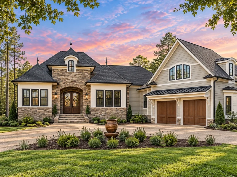 Modern Suburban House Plans 4 Front exterior of a New American style home featuring stone and brick exterior, arched entry, and side-entry garage