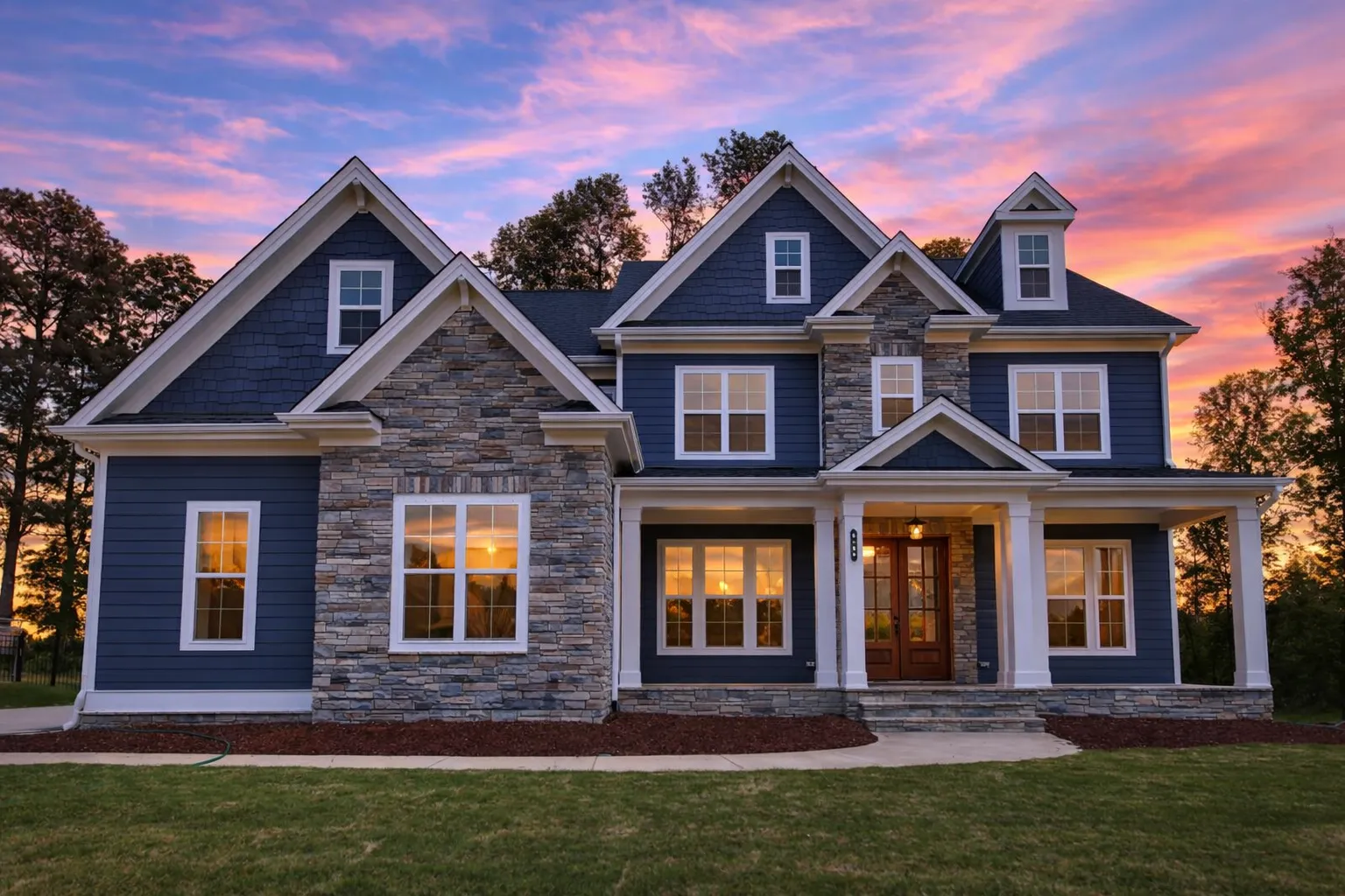Front elevation of a New American Colonial style home featuring shingle siding, stone accents, dormer windows, and a covered entry porch