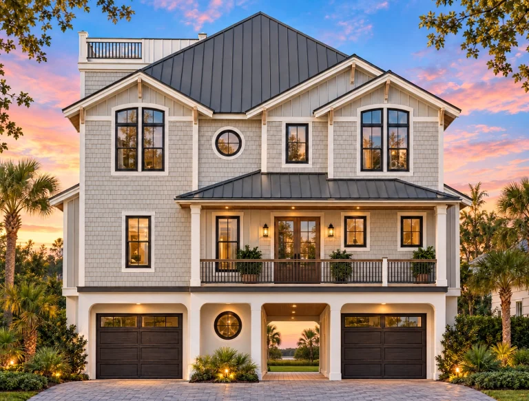 Front elevation of a Coastal Traditional style elevated home featuring shingle siding, stone base, symmetrical windows, and dual garage bays