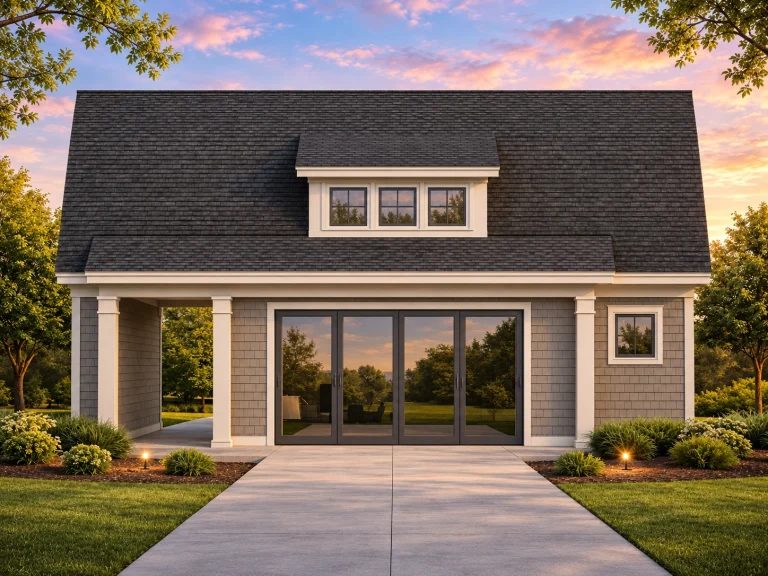 Front elevation of a modern cottage style home featuring horizontal siding, stone accents, large glass doors, and warm illuminated windows