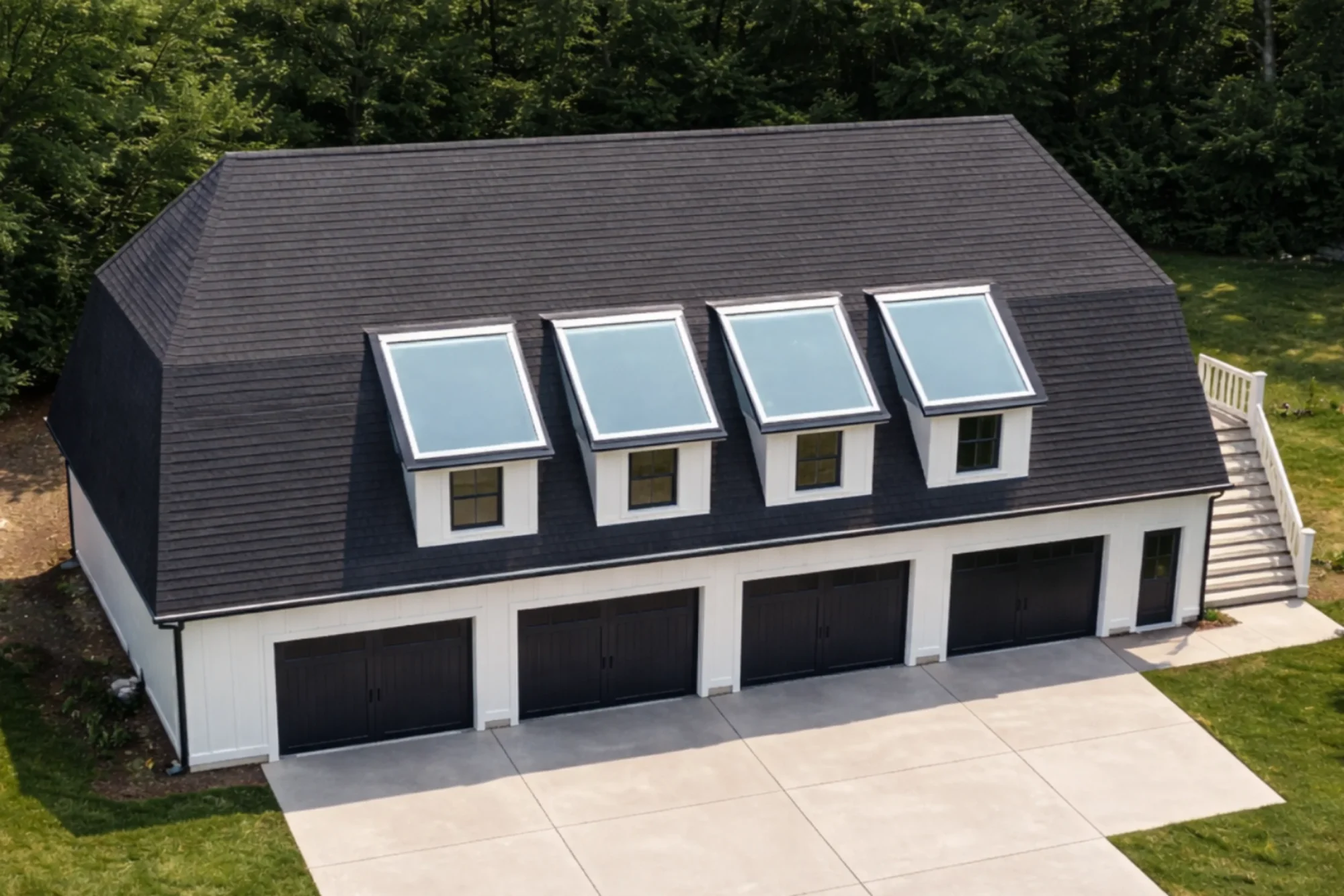 Front elevation of Modern Farmhouse carriage house garage apartment with white board and batten siding, four dormers, and four black garage doors