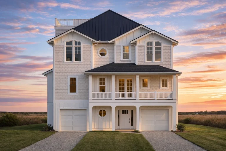 Front elevation of a Coastal Traditional style elevated home featuring shingle siding, stone base, symmetrical windows, and dual garage bays