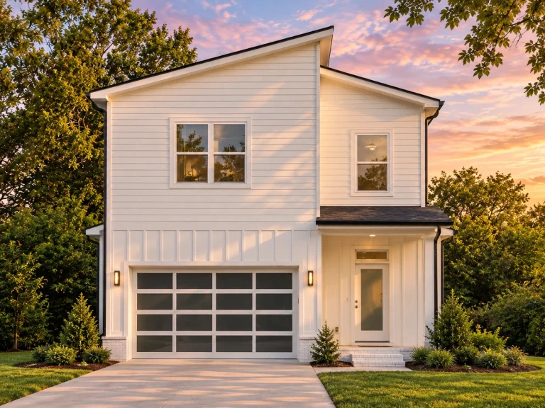 Front view of a Modern Farmhouse style two-story home featuring board and batten with horizontal siding, brick base accents, and a single-car garage