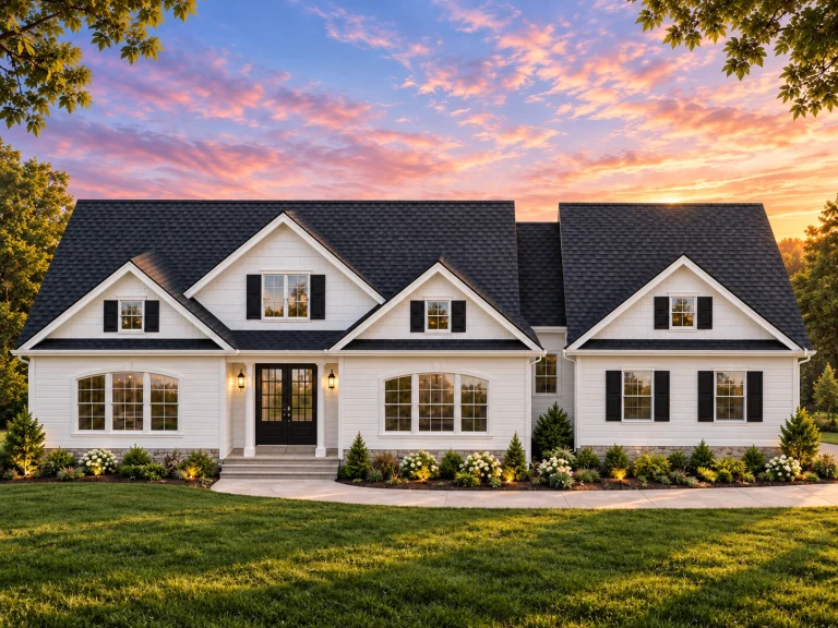 Front elevation of a Cape Cod style home with horizontal siding, shingle accents, symmetrical windows, and a traditional pitched roof