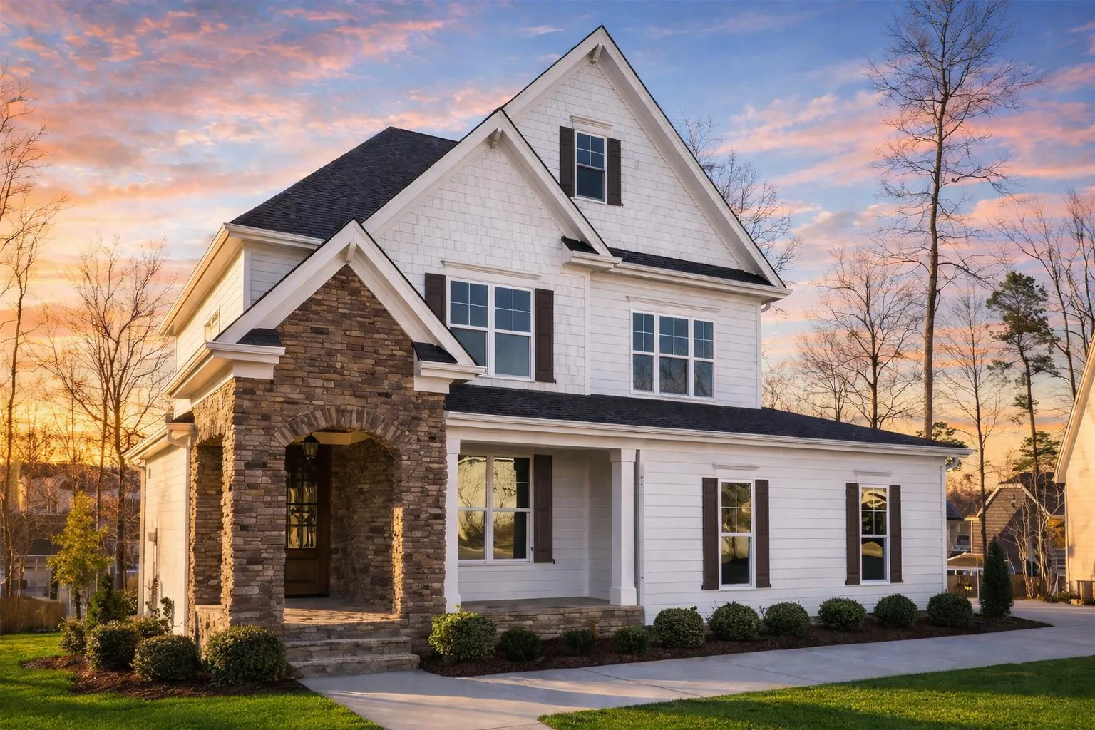 Front elevation of a New American style home with horizontal siding, stone porch entry, black shutters, and steep gabled roofline