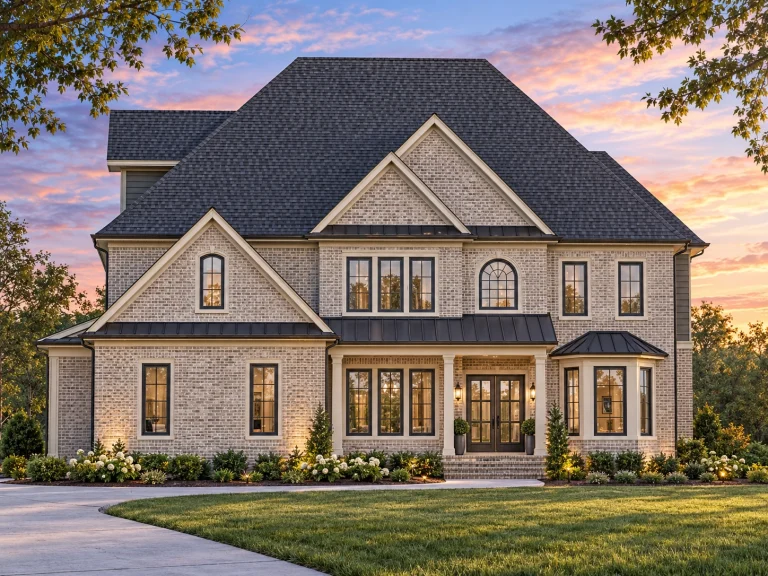 Affordable House Plans 15 Front elevation of a Traditional Colonial style home with brick exterior, symmetrical windows, gabled rooflines, and central covered entry